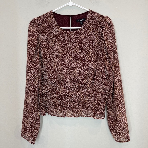 Express Top Blouse Women's L Maroon Gold Printed Long Sleeve Lined Smocked - Picture 1 of 13